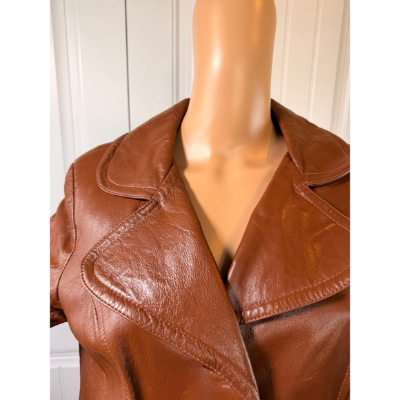 Vintage 70s Caramel Brown Genuine Leather Long Coat Women's Trench Retro 12 Edgy - Picture 3 of 16